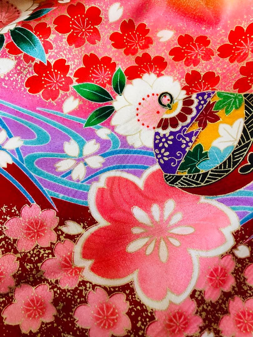 七五三七歳‼豪華黄色赤地可愛い❤️手毬桜金彩金箔煌びやか際立つ‼️完全フルセット絢爛