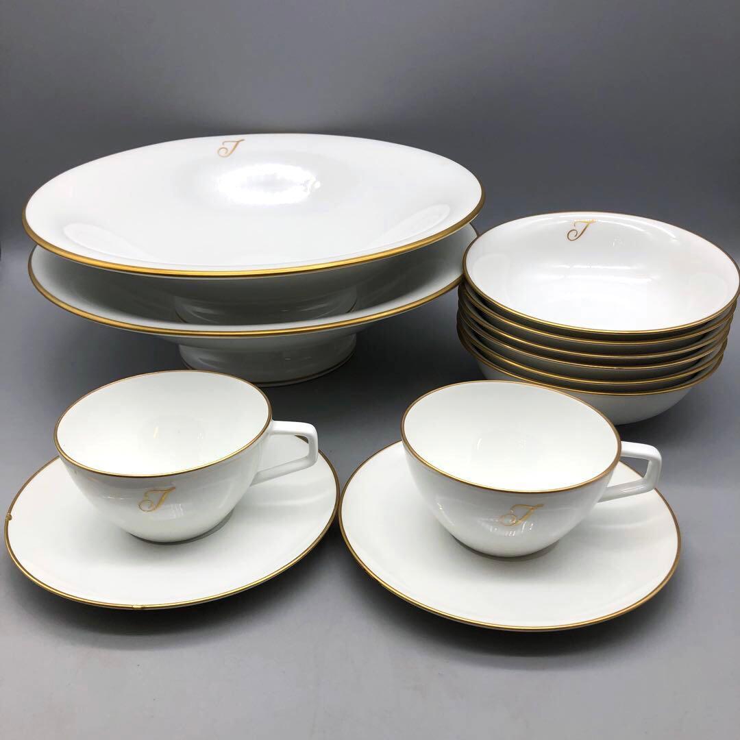 オークラ大倉陶園ゴールドラインイニシャルTカップソーサーボウル高台皿アンティーク