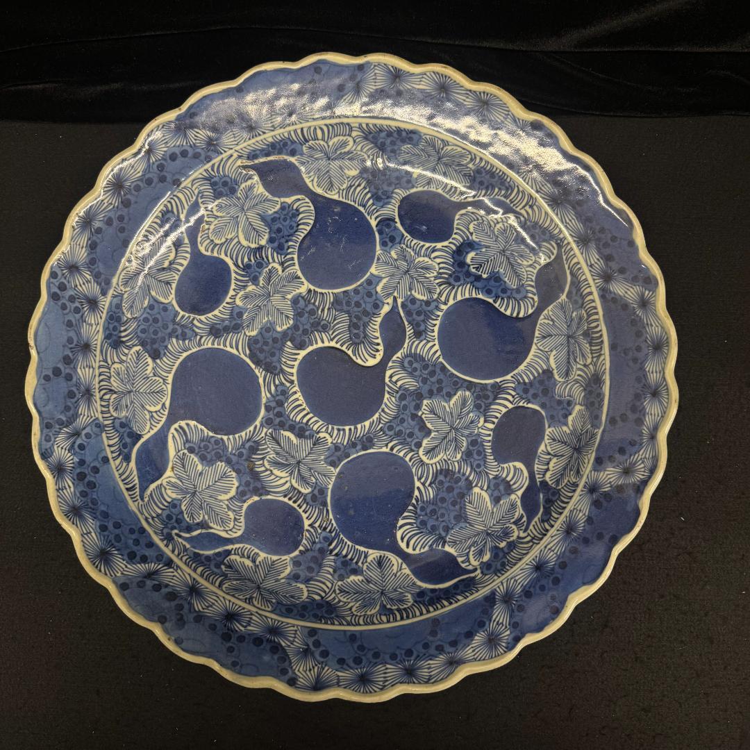 旧家蔵出古美術 中国古玩 道光時代　瓢箪文盤 染付 40cm