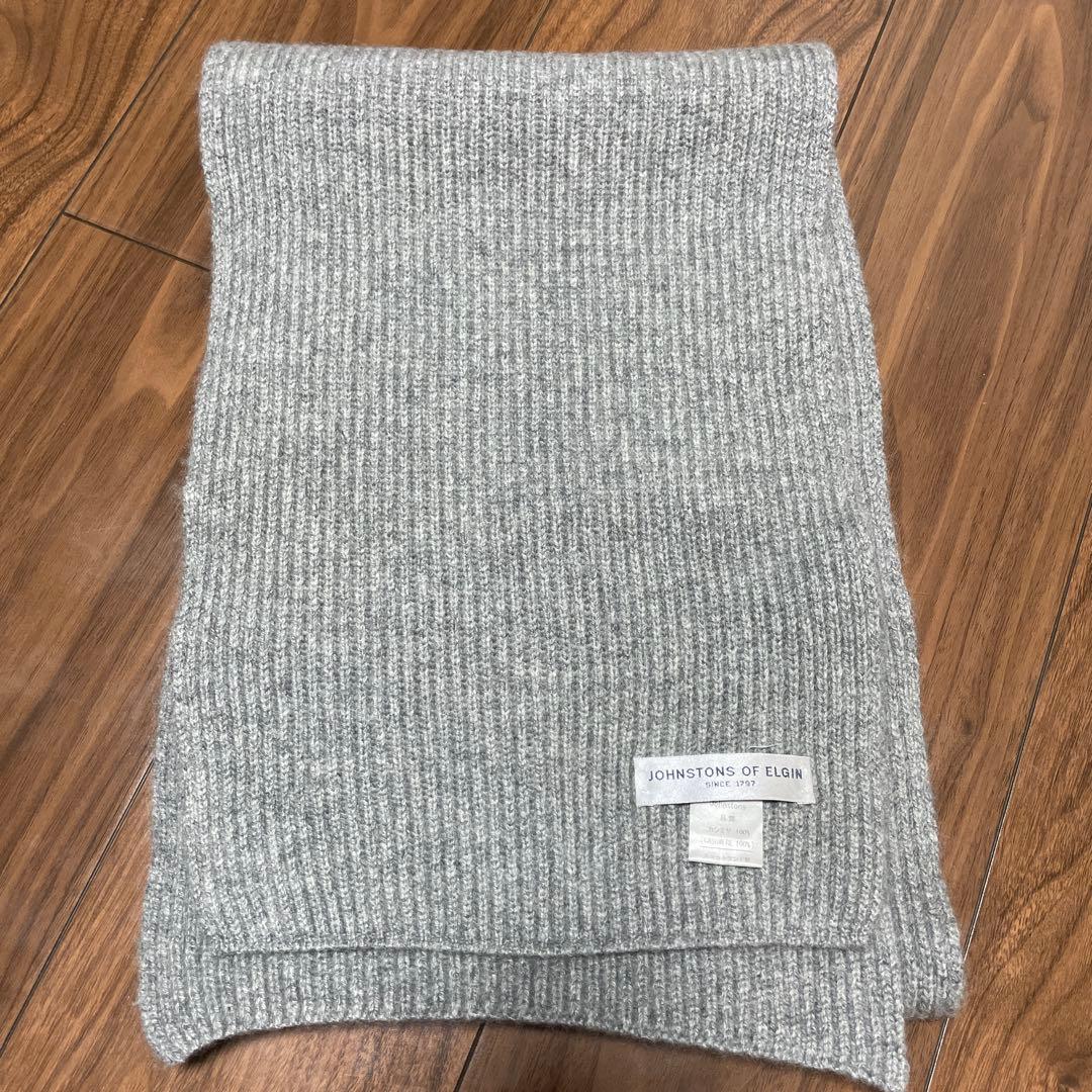 値下げ‼︎JOHNSTONS OF ELGIN カシミヤマフラー グレーリブ編み