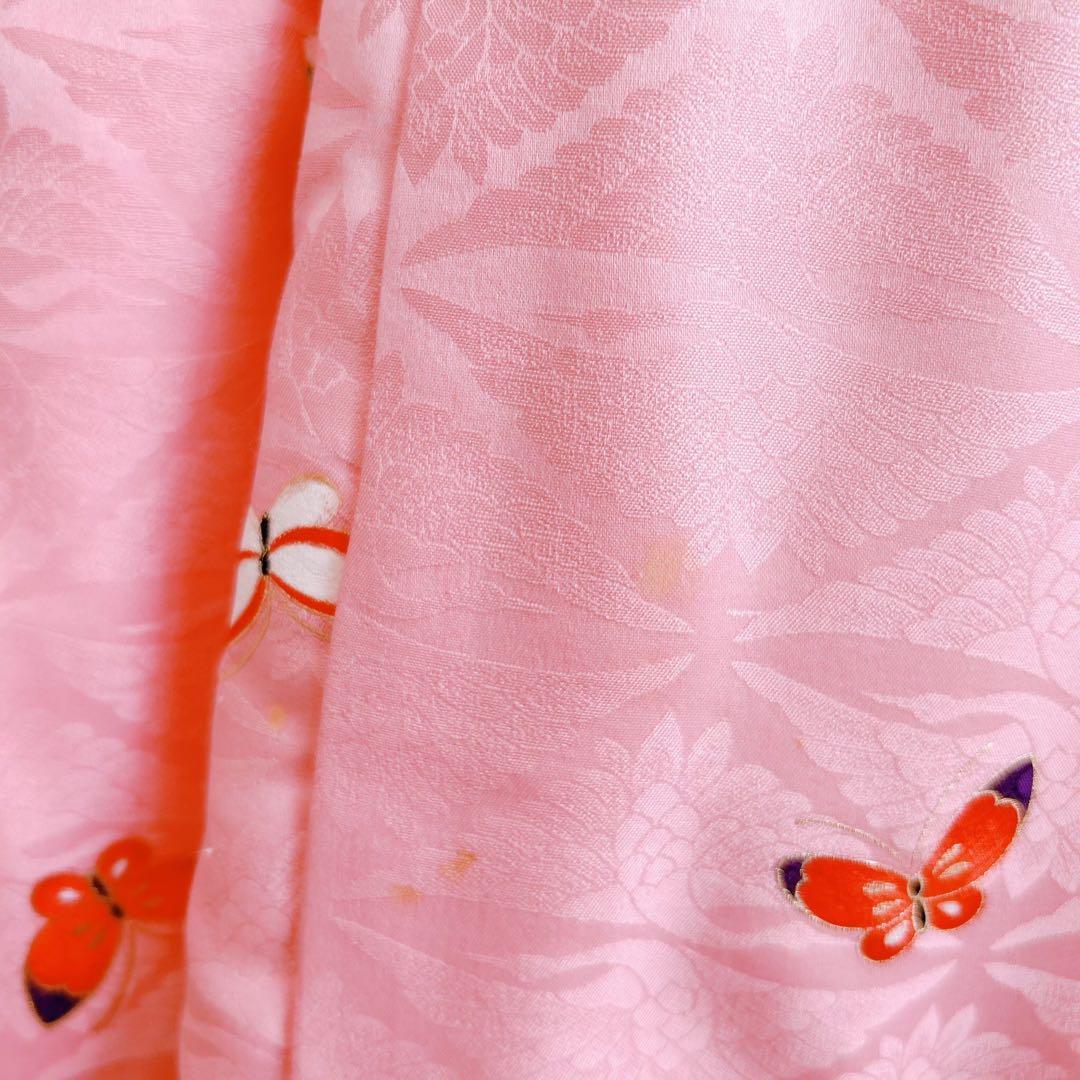 七五三　3歳女の子　長着被布セット　ピンク　巾着　地紋　鶴　金プリント　蝶