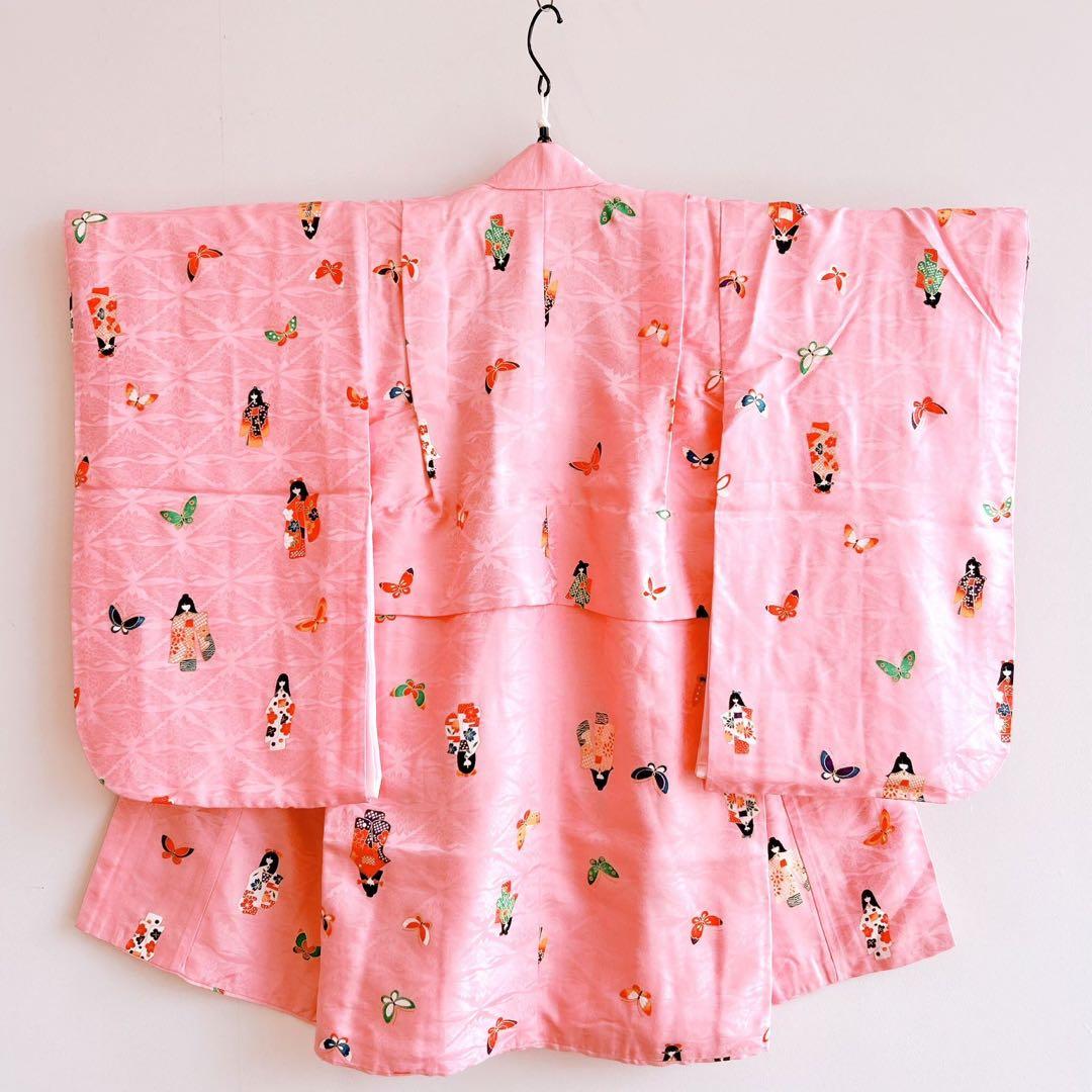 七五三　3歳女の子　長着被布セット　ピンク　巾着　地紋　鶴　金プリント　蝶