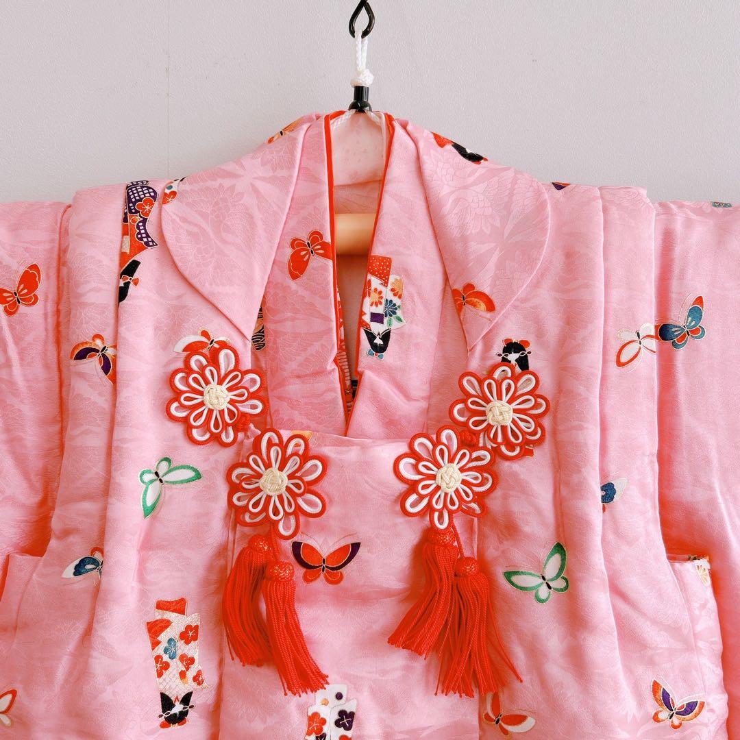 七五三　3歳女の子　長着被布セット　ピンク　巾着　地紋　鶴　金プリント　蝶