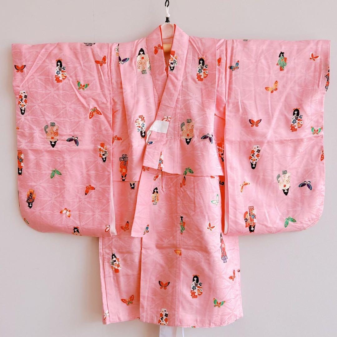 七五三　3歳女の子　長着被布セット　ピンク　巾着　地紋　鶴　金プリント　蝶
