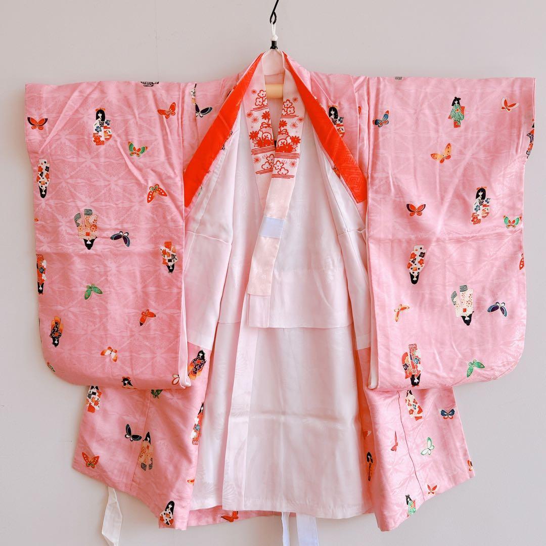 七五三　3歳女の子　長着被布セット　ピンク　巾着　地紋　鶴　金プリント　蝶