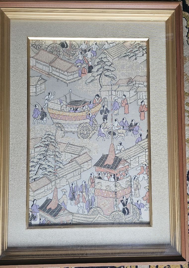 西陣織　祇園祭伝統的な日本の風景画　フレーム付き　西陣織で祇園祭を再現した織り物