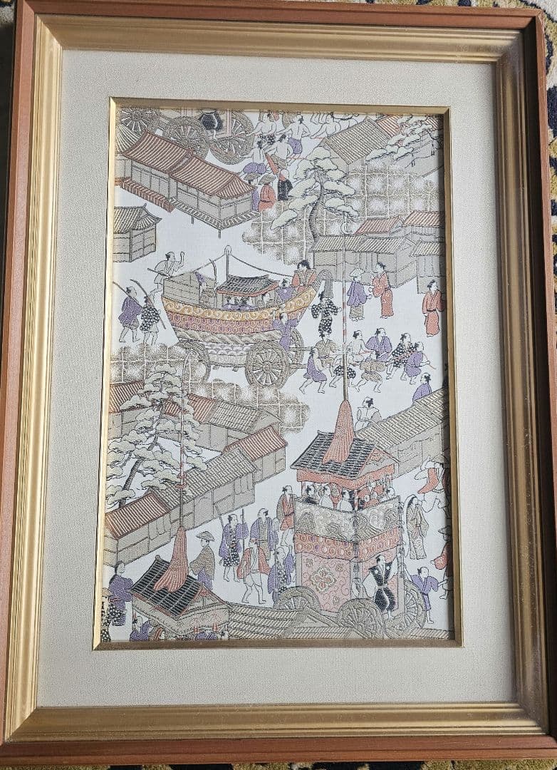 西陣織　祇園祭伝統的な日本の風景画　フレーム付き　西陣織で祇園祭を再現した織り物