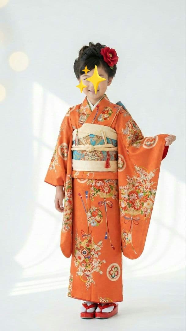 7歳　レトロ正絹珊瑚色花籠　七五三　お着物・帯セット　アンティーク