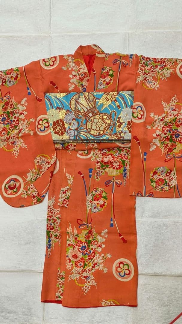 7歳　レトロ正絹珊瑚色花籠　七五三　お着物・帯セット　アンティーク