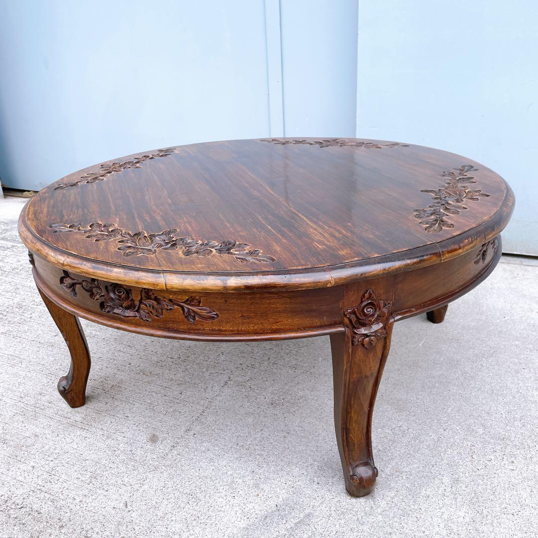 【美品送料込】アンティーク家具 手彫り彫刻 円形テーブル 猫脚