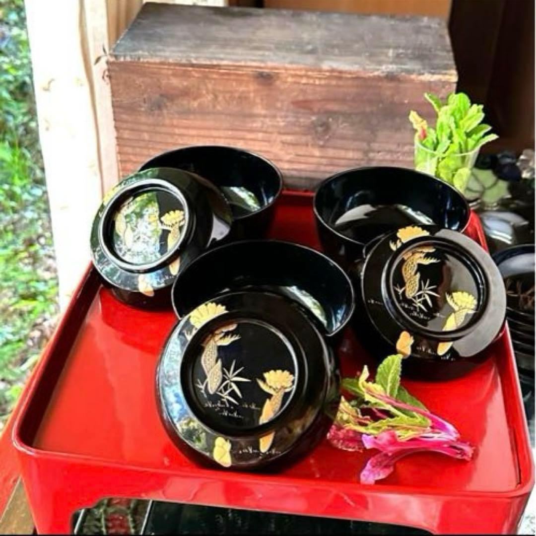 感謝お嫁入り‼️明治39JAPAN蒔絵　福寿草&梅と松葉真塗り上黒椀　吸物椀5客