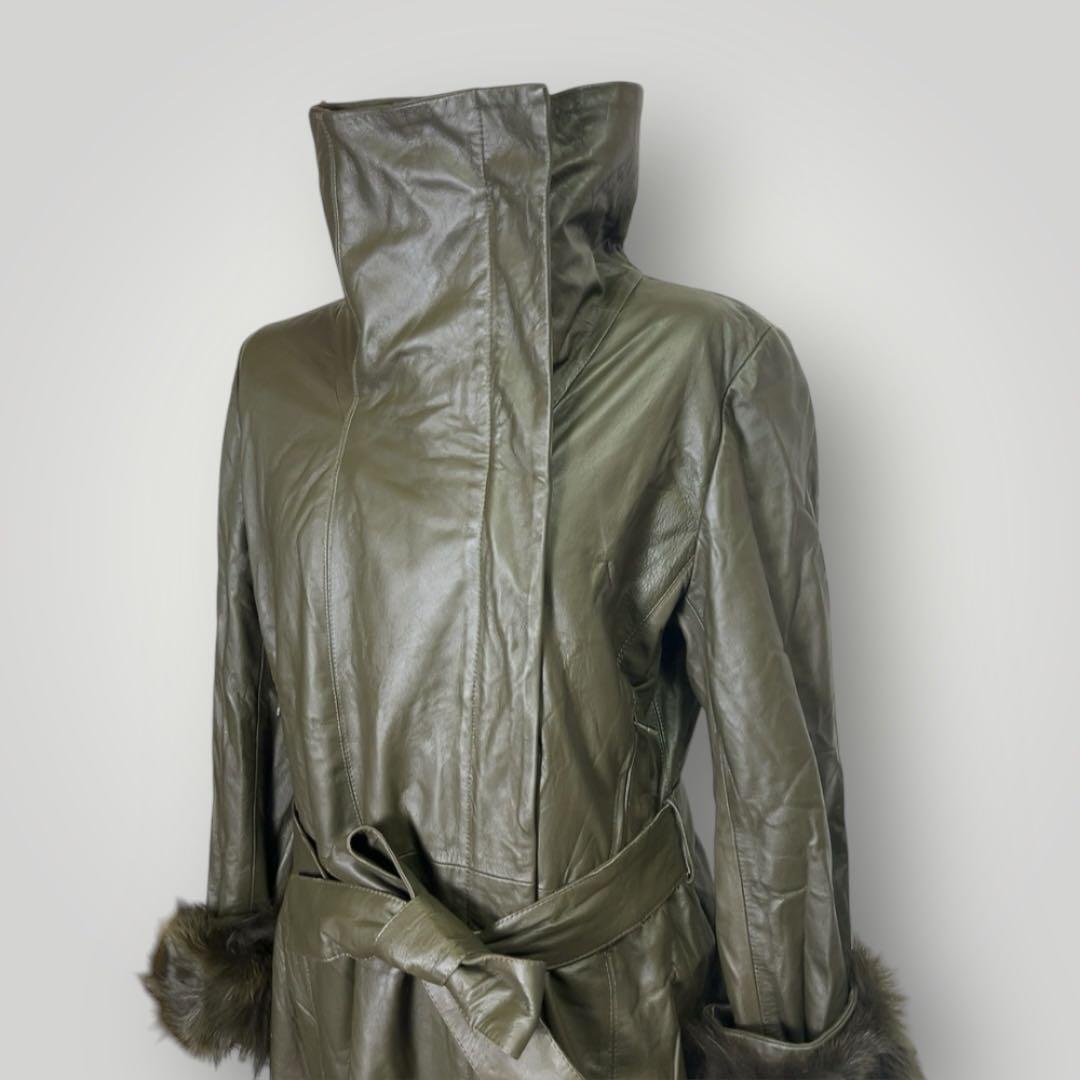 高級 モンプレジール ファー付き ラムレザー ロングコート L 本革 ライダース