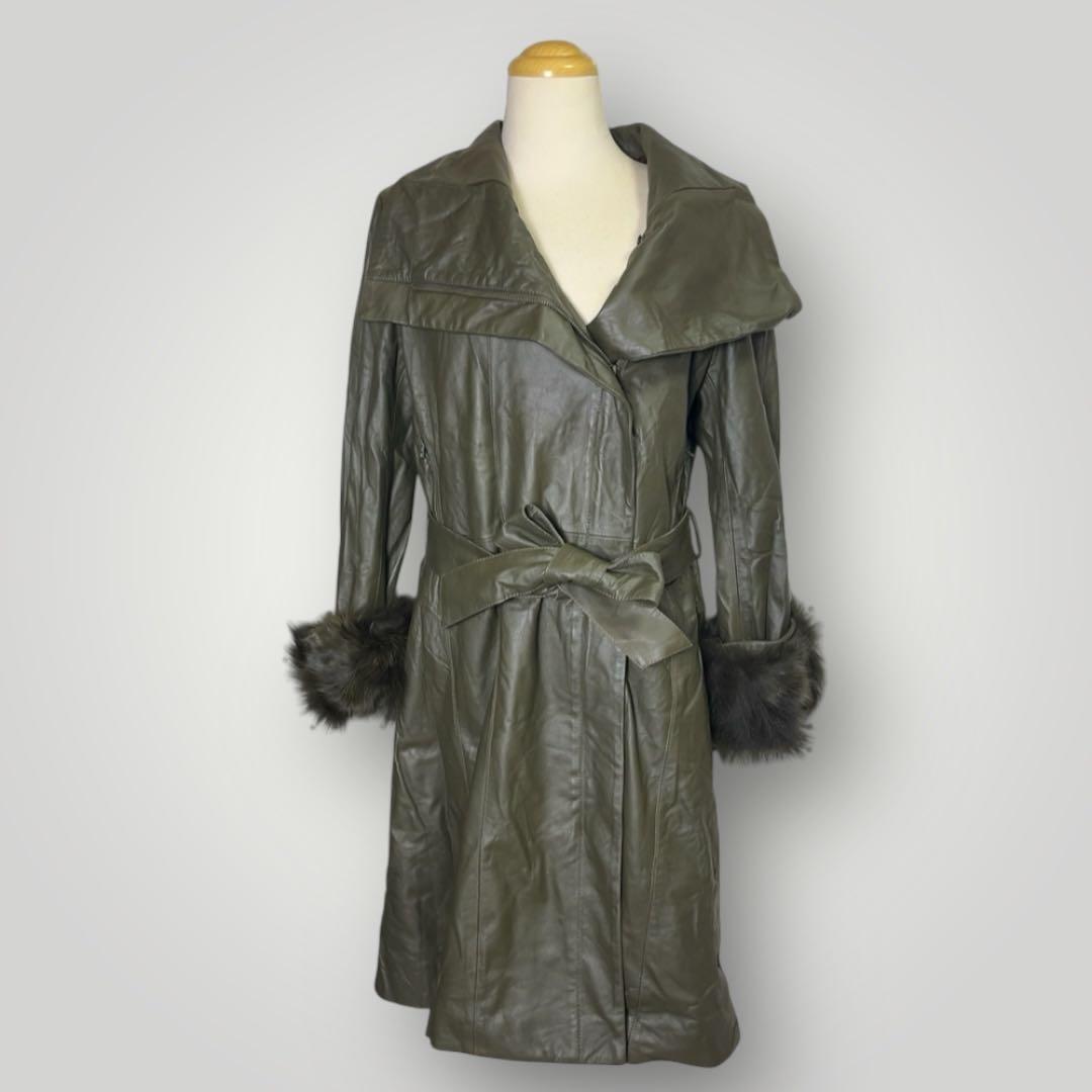 高級 モンプレジール ファー付き ラムレザー ロングコート L 本革 ライダース