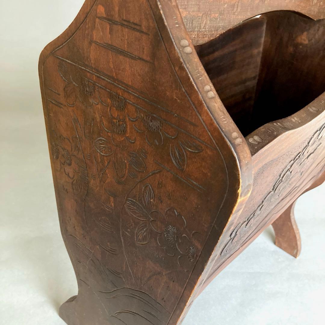 アンティーク　レトロ　ヴィンテージ　古道具　軽井沢彫　桜　彫刻　ラック　取手付