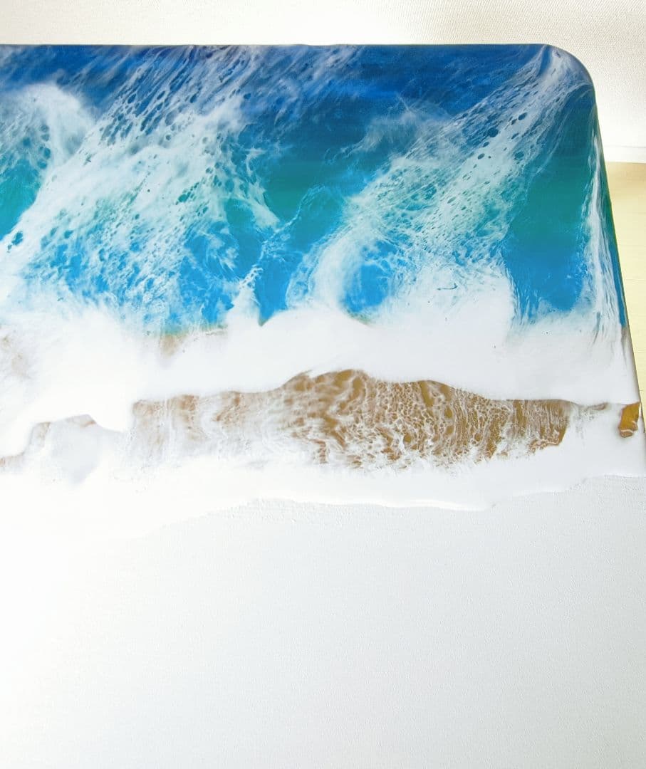 【訳あり】波デザイン昇降式テーブル　レジンテーブル　海アートテーブル