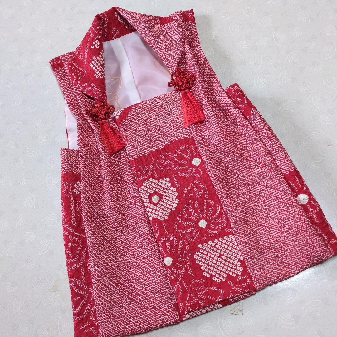 七五三３歳正絹総絞り手縫いの被布（中綿無し）赤色花柄