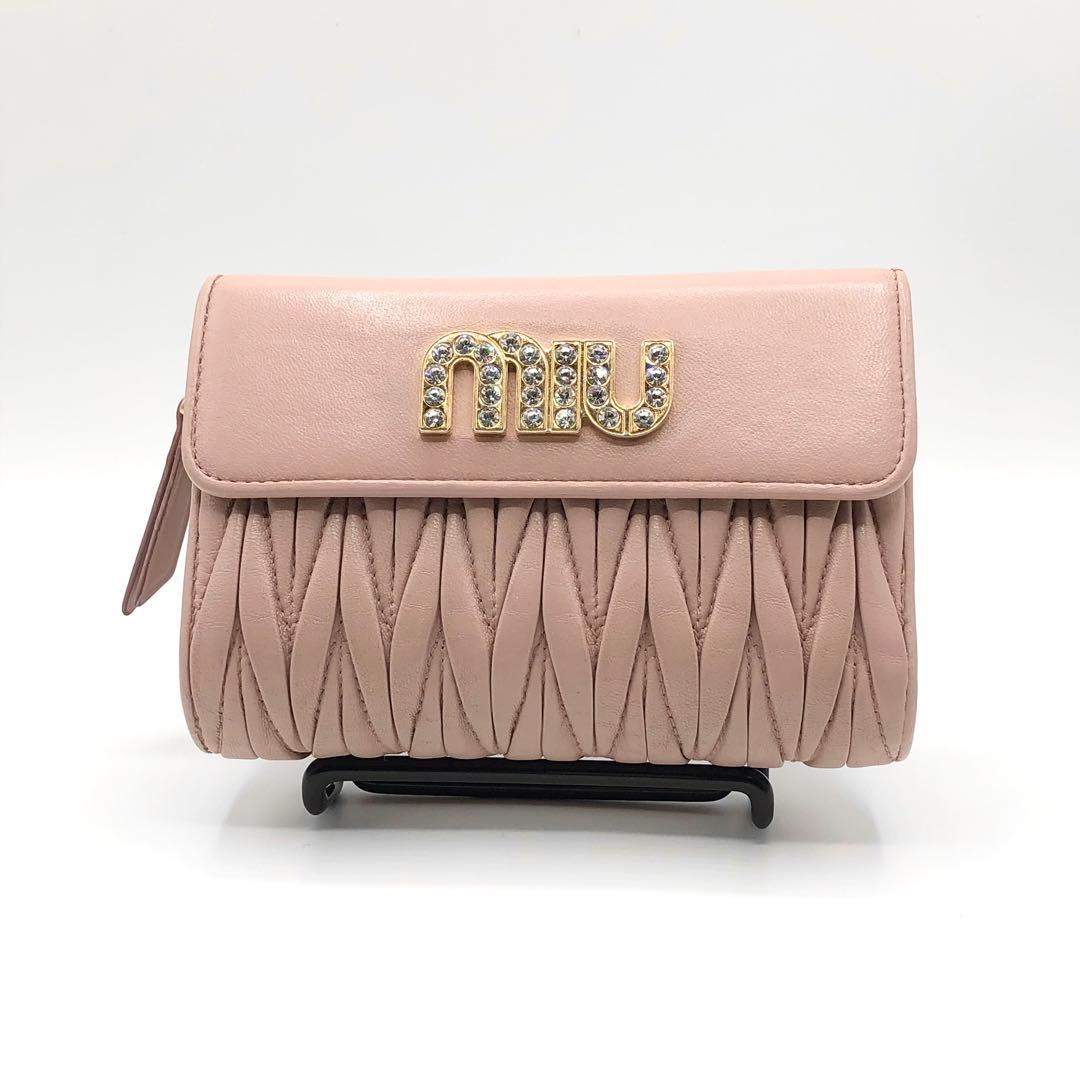 ミュウミュウ マテラッセ 折り財布 クリスタル ビジュー ピンク レザー