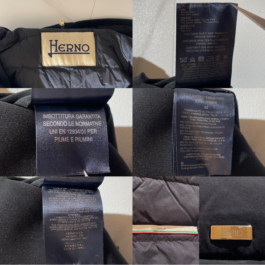 ヘルノ　HERNO　異素材切替え　ダウンコート　ウール　ロング丈　ブラック 黒