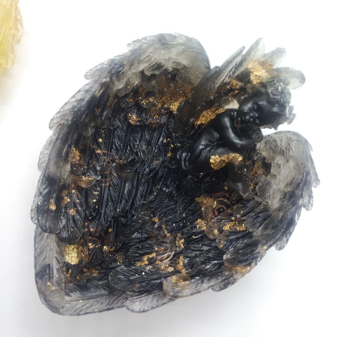 浄化用トレー（黒）天使ちゃんと天使の羽オルゴナイト（メモリーオイル封入）