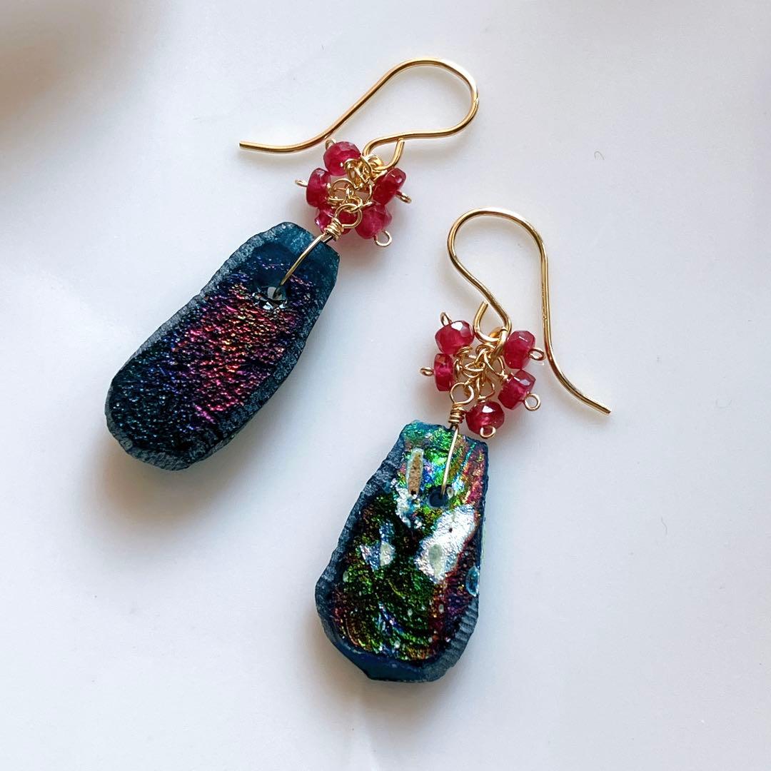 Kaya◆希少ローマングラスピアス✧マルチカラーサファイア/レモンクォーツ