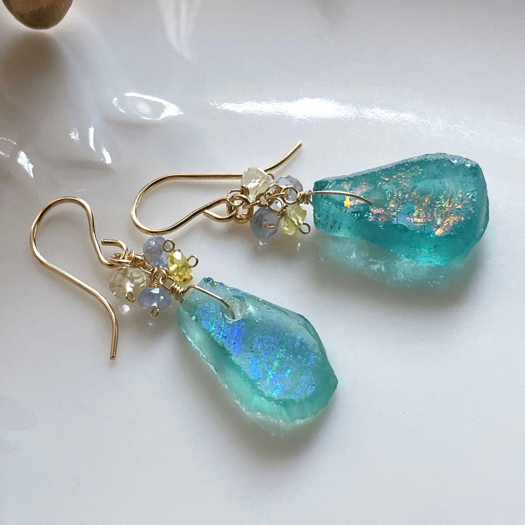 Kaya◆希少ローマングラスピアス✧マルチカラーサファイア/レモンクォーツ