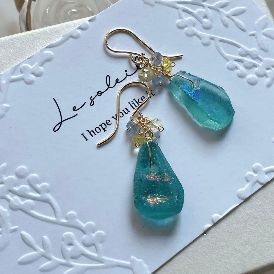 Kaya◆希少ローマングラスピアス✧マルチカラーサファイア/レモンクォーツ