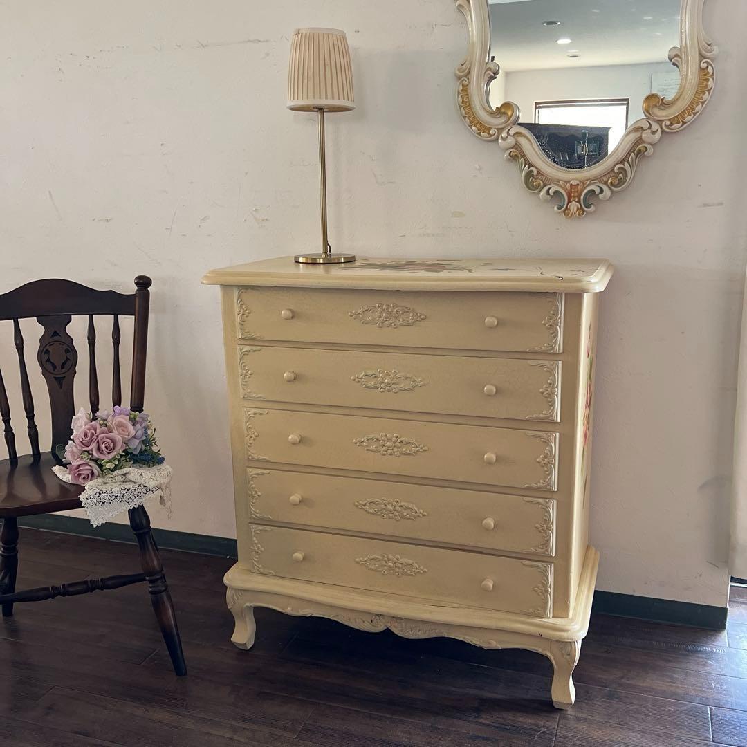 k016r122 ロココ調 ブーケ柄のチェスト 猫脚 クラック加工 クラシカル