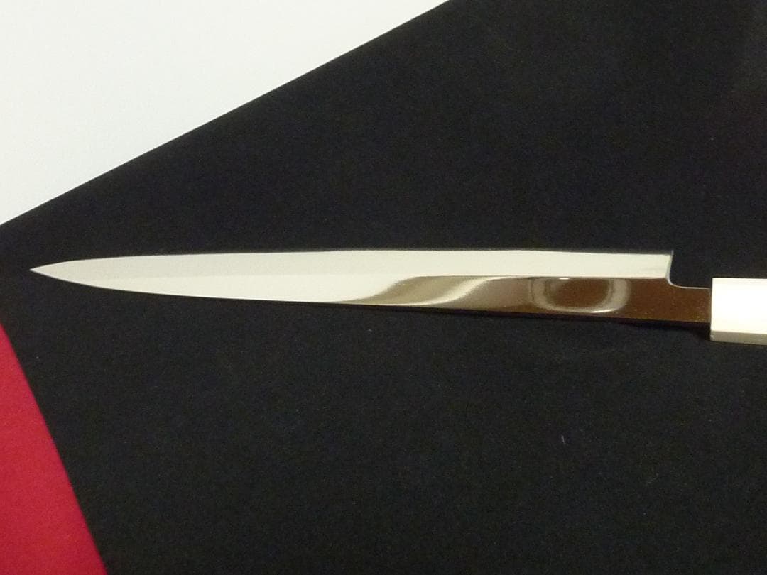 270mm　刃渡り約260mm　9寸　柳刃包丁　人工象牙　黒三本巻　八角柄