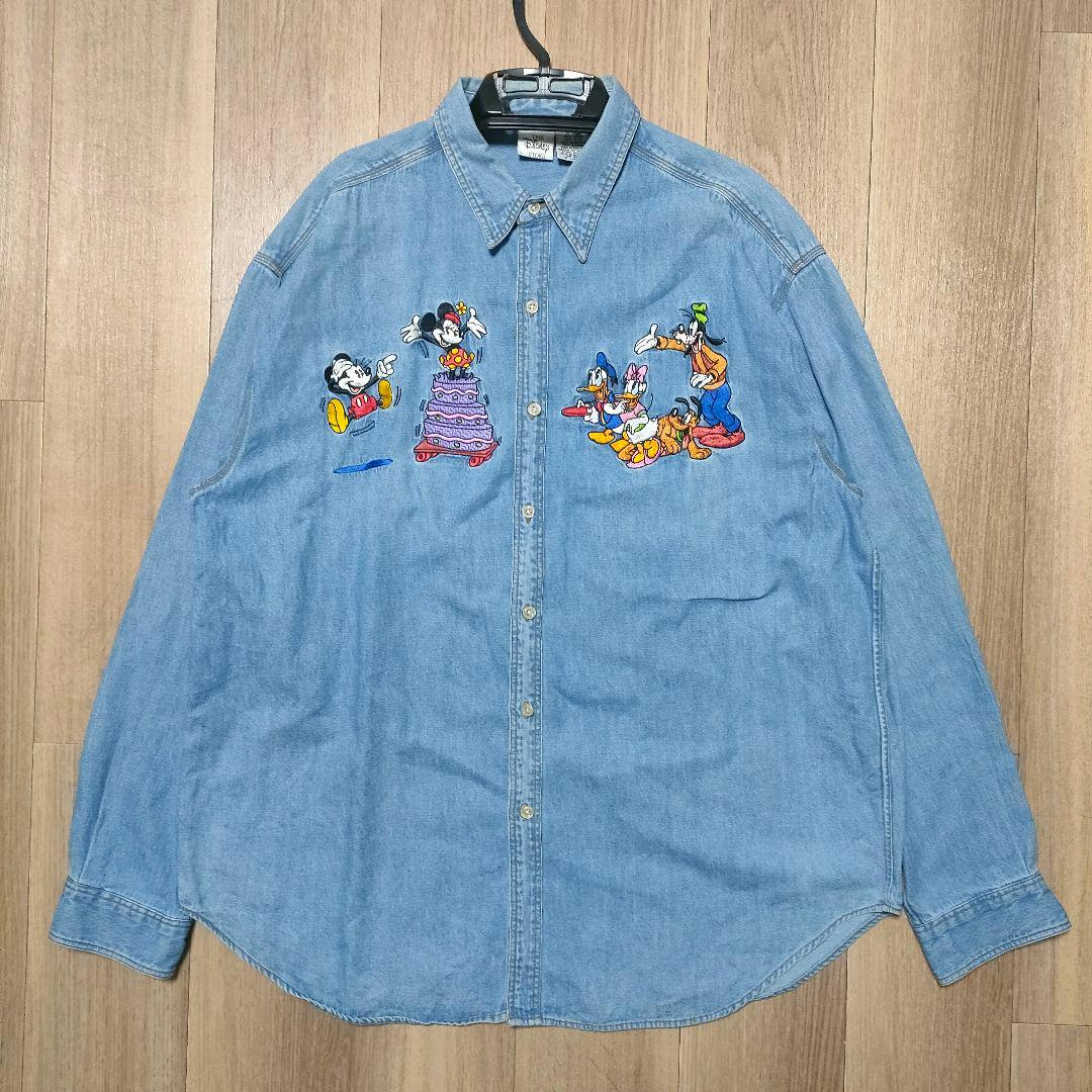 【90s香港製】ディズニー デニムシャツ 刺繍 ミッキー XL オールド古着
