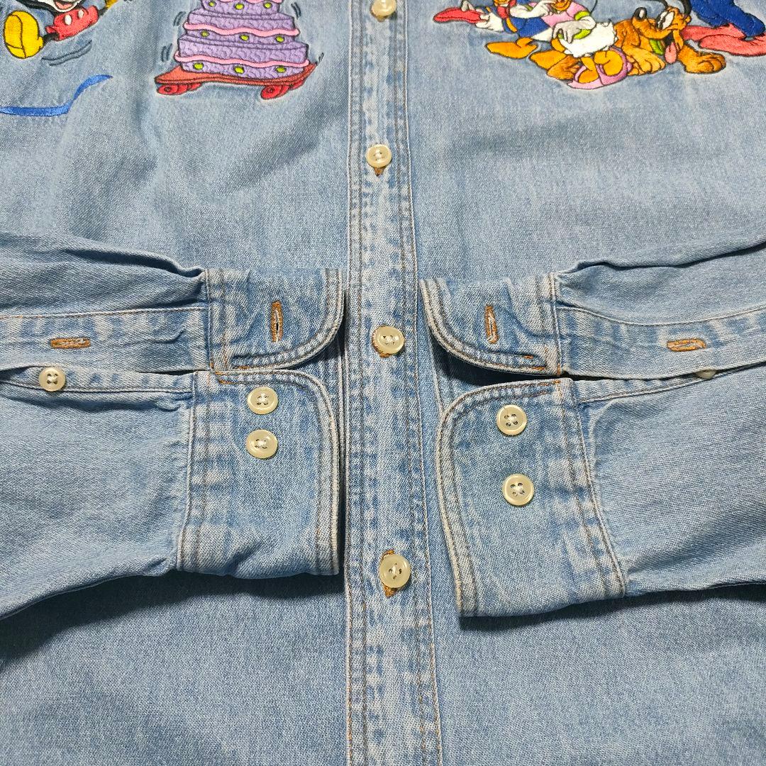【90s香港製】ディズニー デニムシャツ 刺繍 ミッキー XL オールド古着