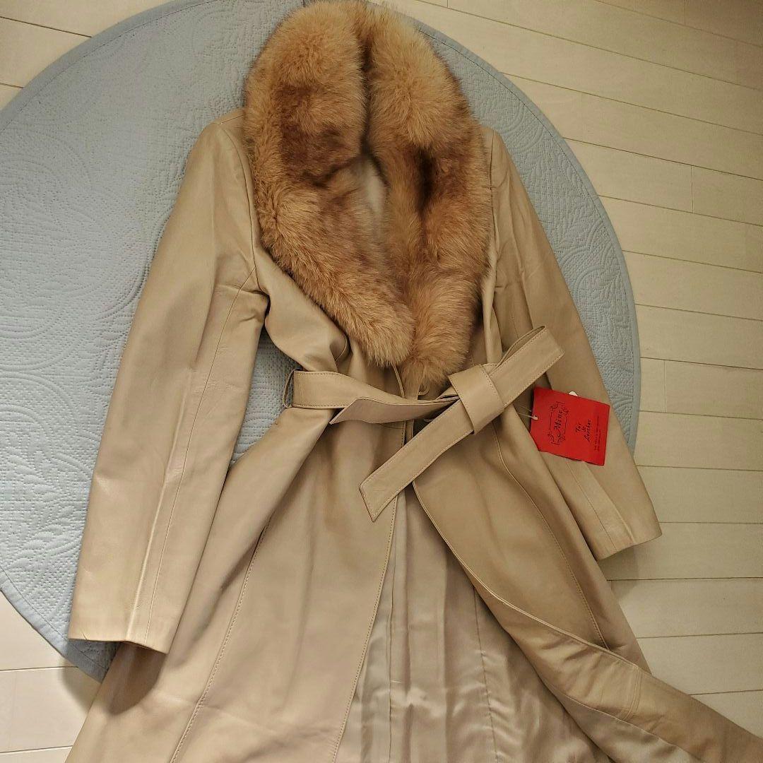 未使用 シープレザー ウエストベルト ブルーフォックス ロングコート Mサイズ