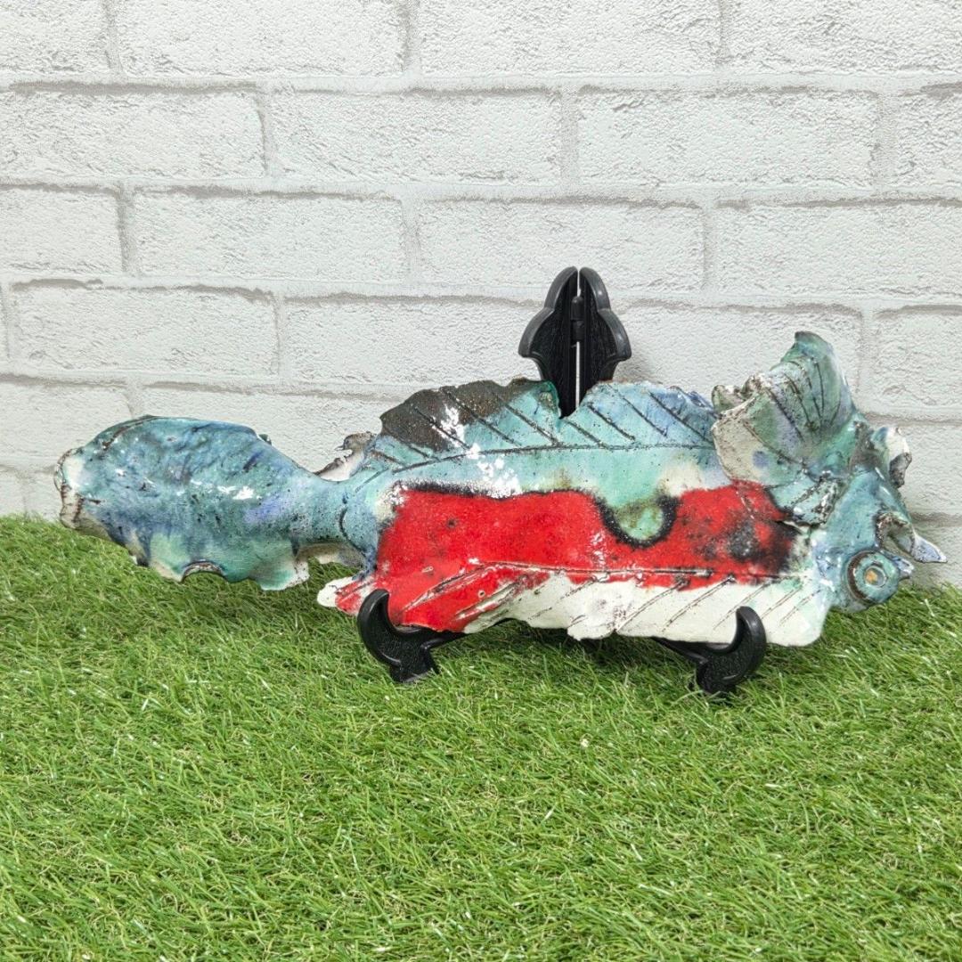 【陶板アート】抽象魚 壁掛け オブジェ 一点物 落款あり 陶器 インテリア