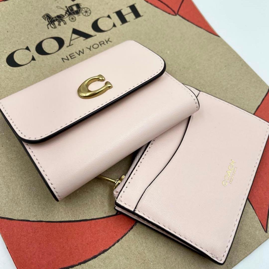 コーチ☆新品☆レザー カードホルダー 三つ折り財布／ブラッシュピンク