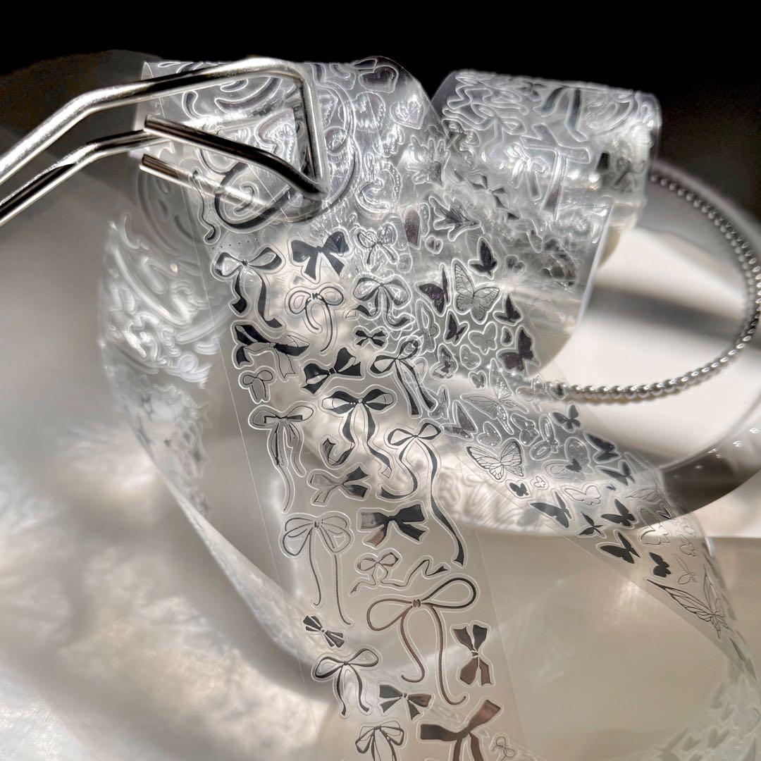 【9479】海外5.2m巻　銀泊カッティングマスキングテープリボン　蝶々　装飾系