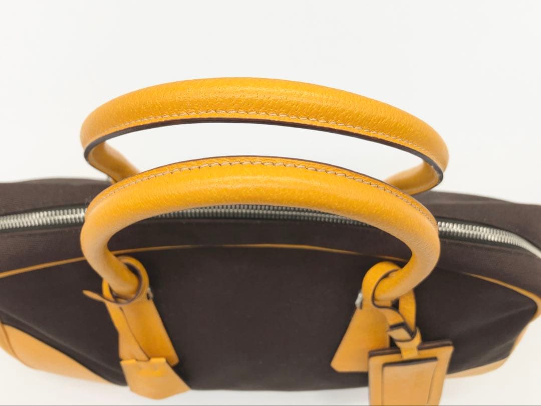 PRADA 三角ロゴプレート キャンバス レザー ミニボストン ハンドバッグ