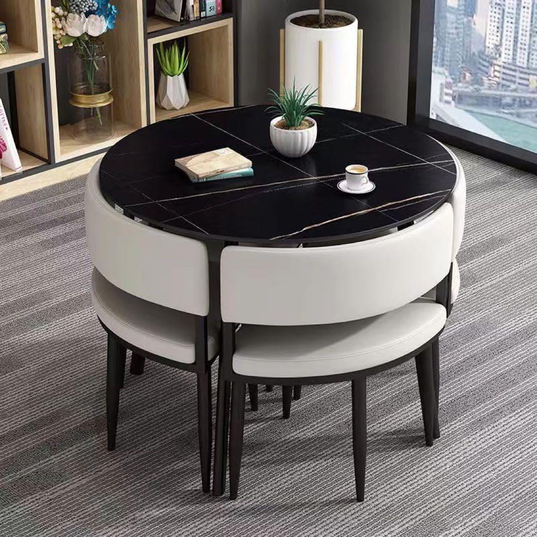 大理石調 円形ダイニングセット チェア収納式