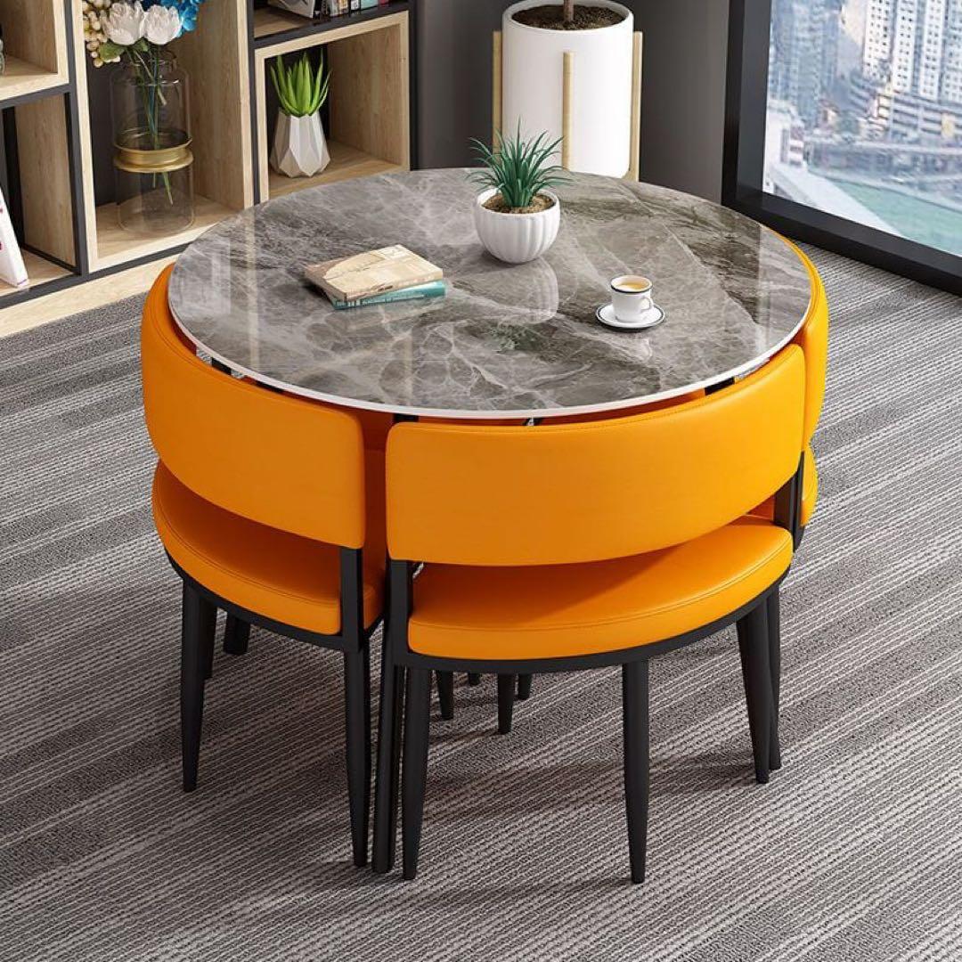 大理石調 円形ダイニングセット チェア収納式