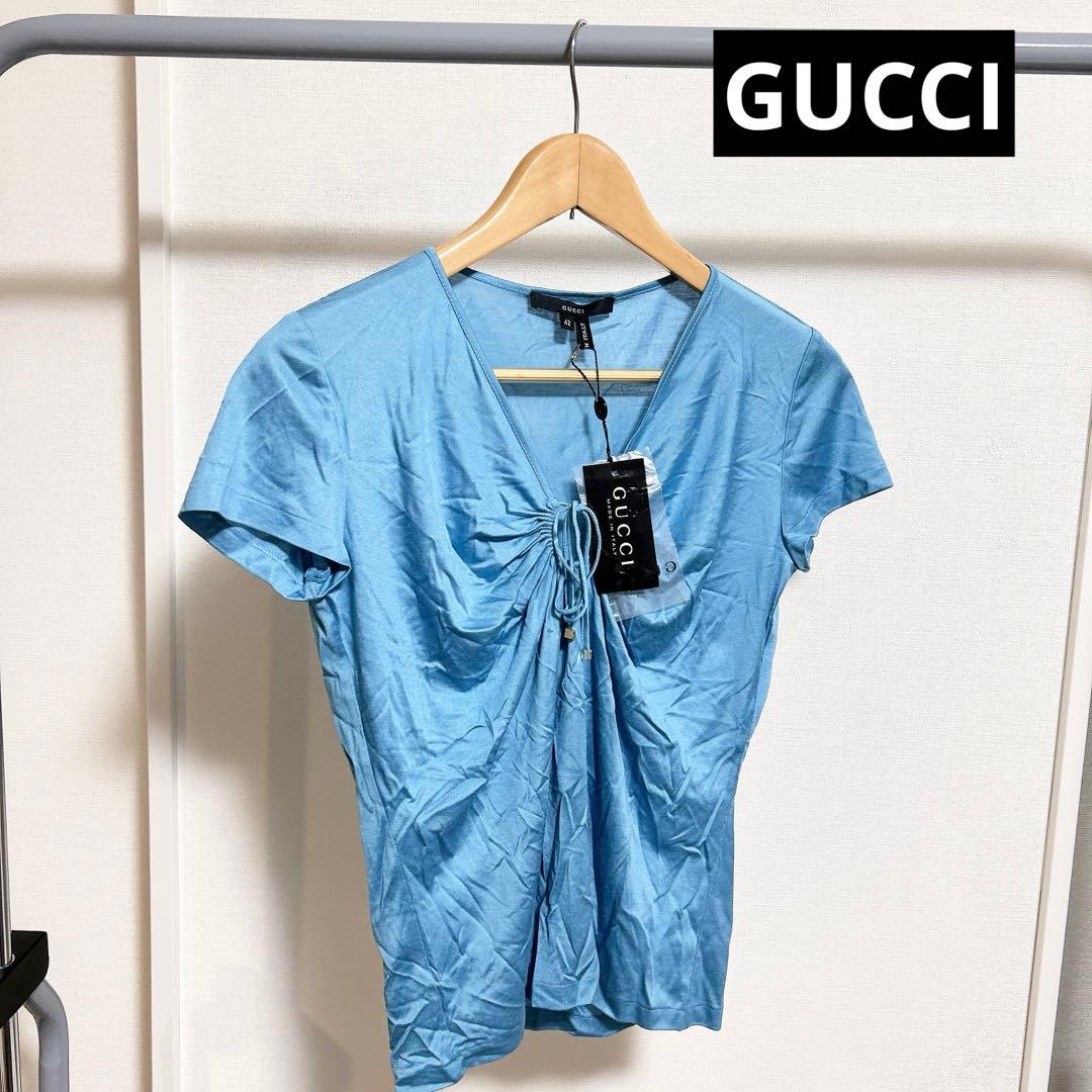 【GUCCI】 グッチ トップス 半袖 Vネック　カットソー タグ付 シルク