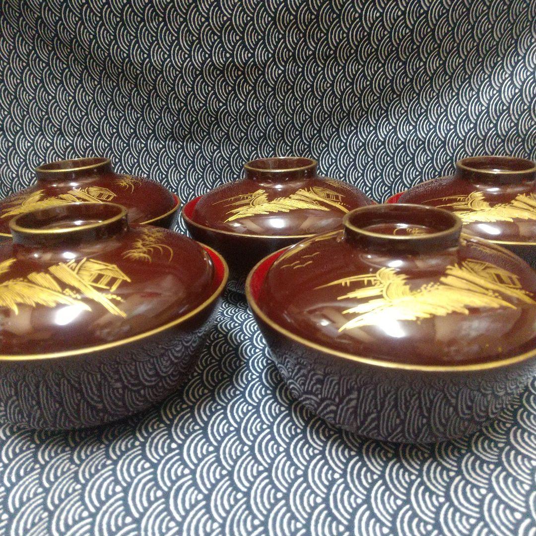 川連漆器 沈金蒔絵吸物椀5客溜塗 本漆 蓋付椀 霞型 古代