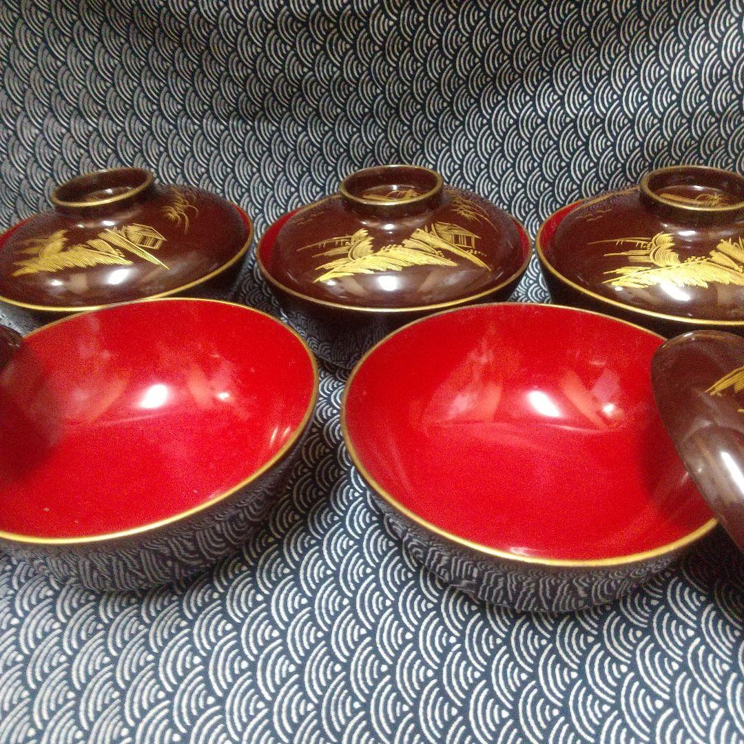 川連漆器 沈金蒔絵吸物椀5客溜塗 本漆 蓋付椀 霞型 古代