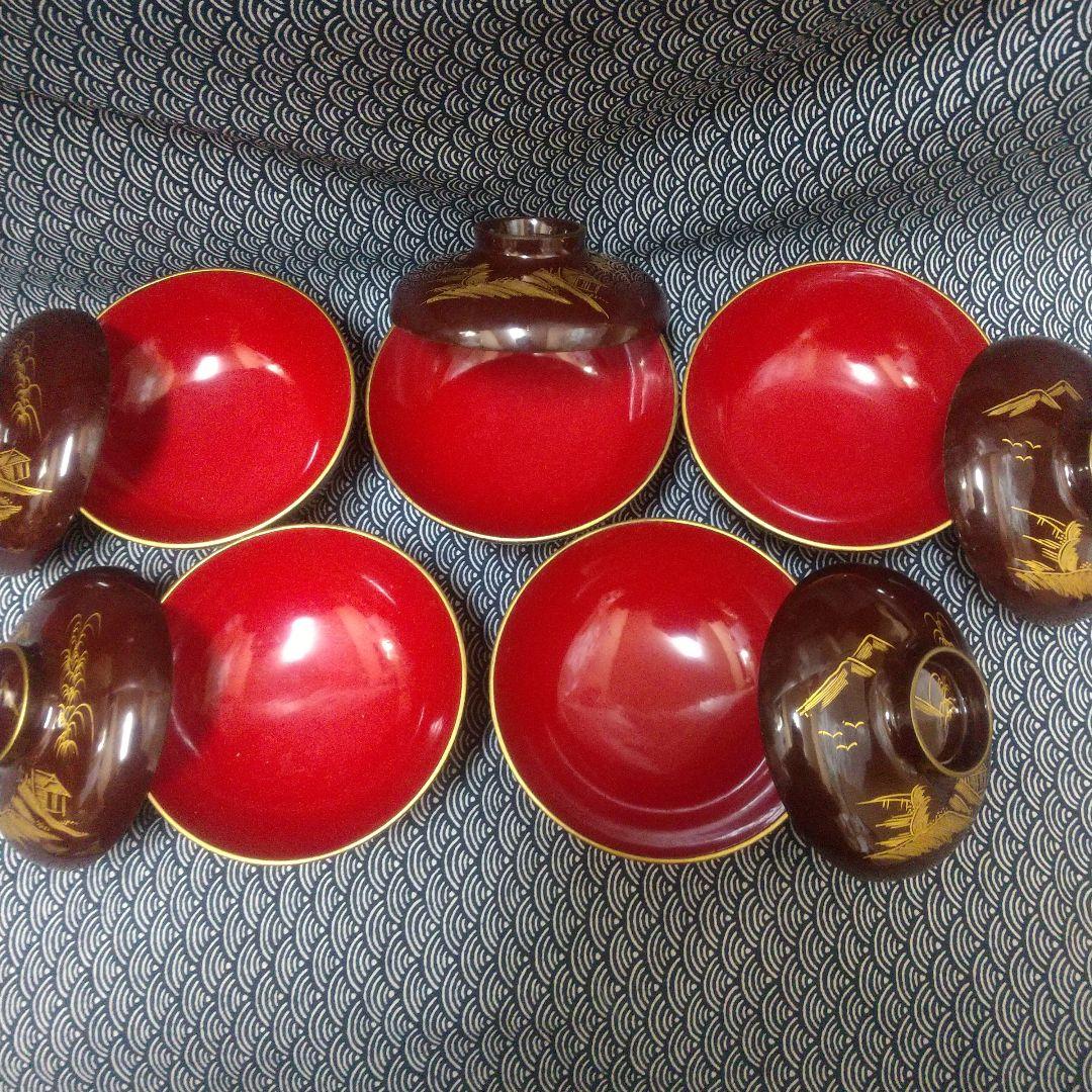 川連漆器 沈金蒔絵吸物椀5客溜塗 本漆 蓋付椀 霞型 古代