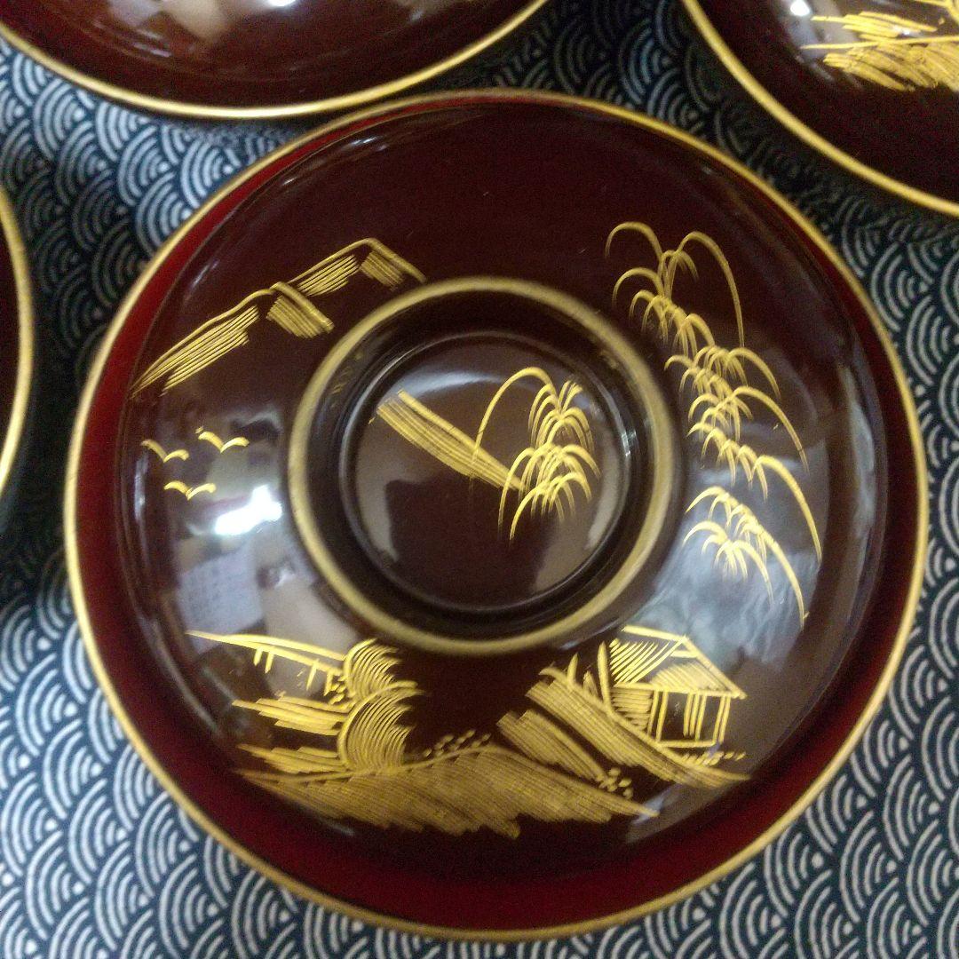 川連漆器 沈金蒔絵吸物椀5客溜塗 本漆 蓋付椀 霞型 古代