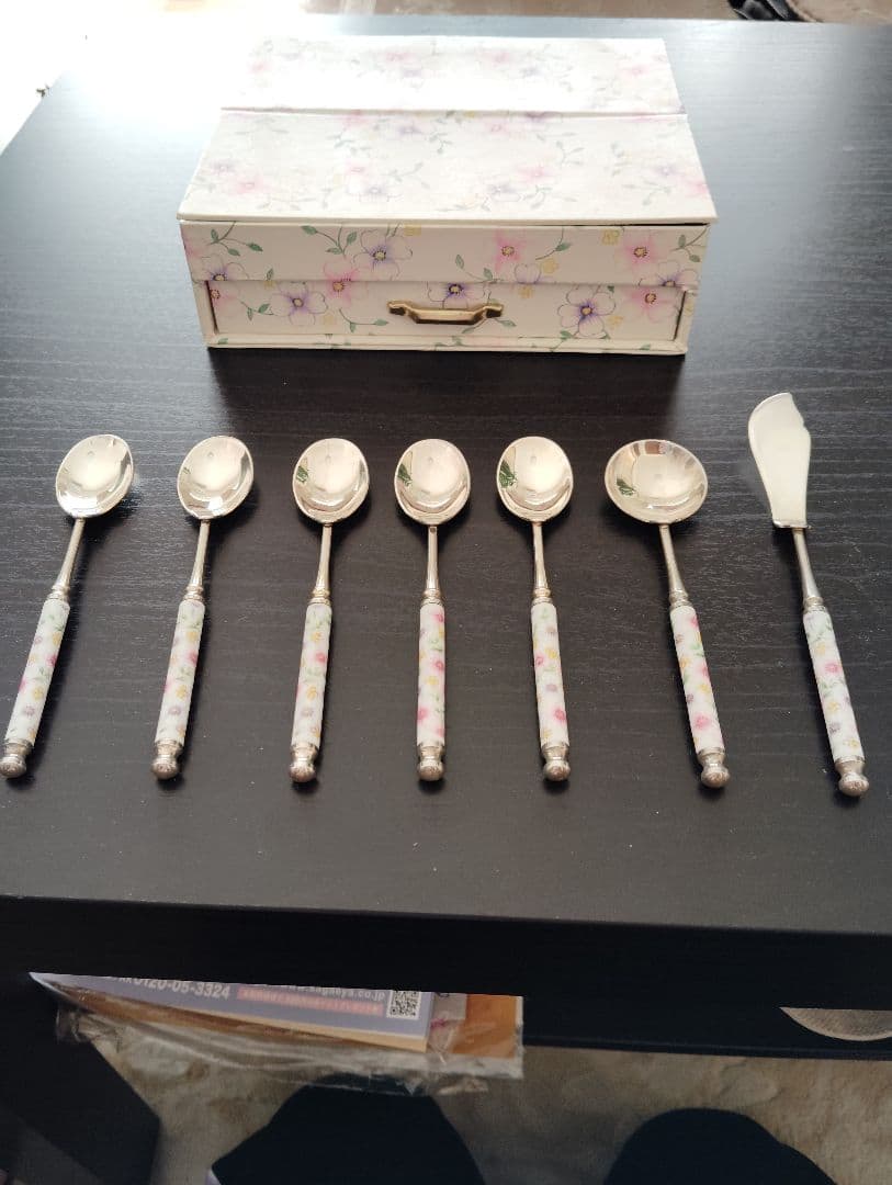 花柄持ち手のスプーンセット 7点　銀製品　箱付き　Martian マーシャン