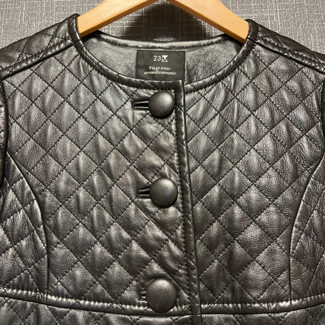 【美品 】23区 ラムレザー キルティングノーカラージャケット ブラック 38