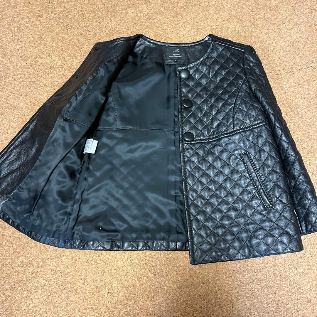 【美品 】23区 ラムレザー キルティングノーカラージャケット ブラック 38