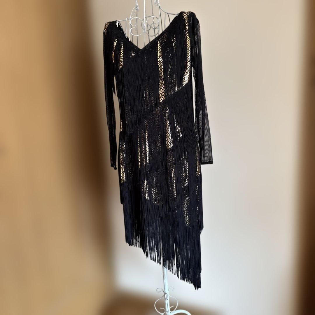 本日終了14444-11111チャコット　フリンジ付き黒ダンスドレス