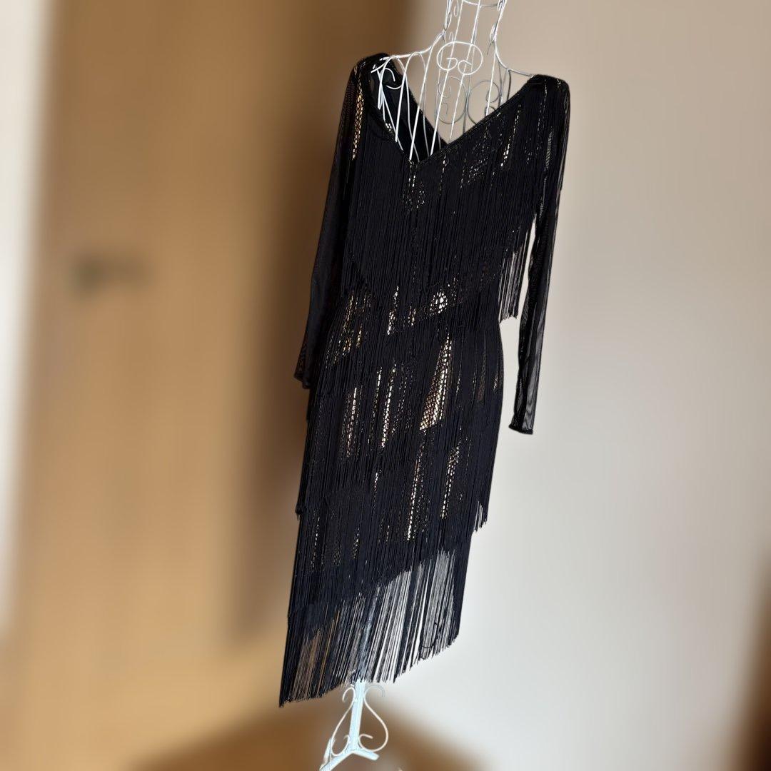 本日終了14444-11111チャコット　フリンジ付き黒ダンスドレス