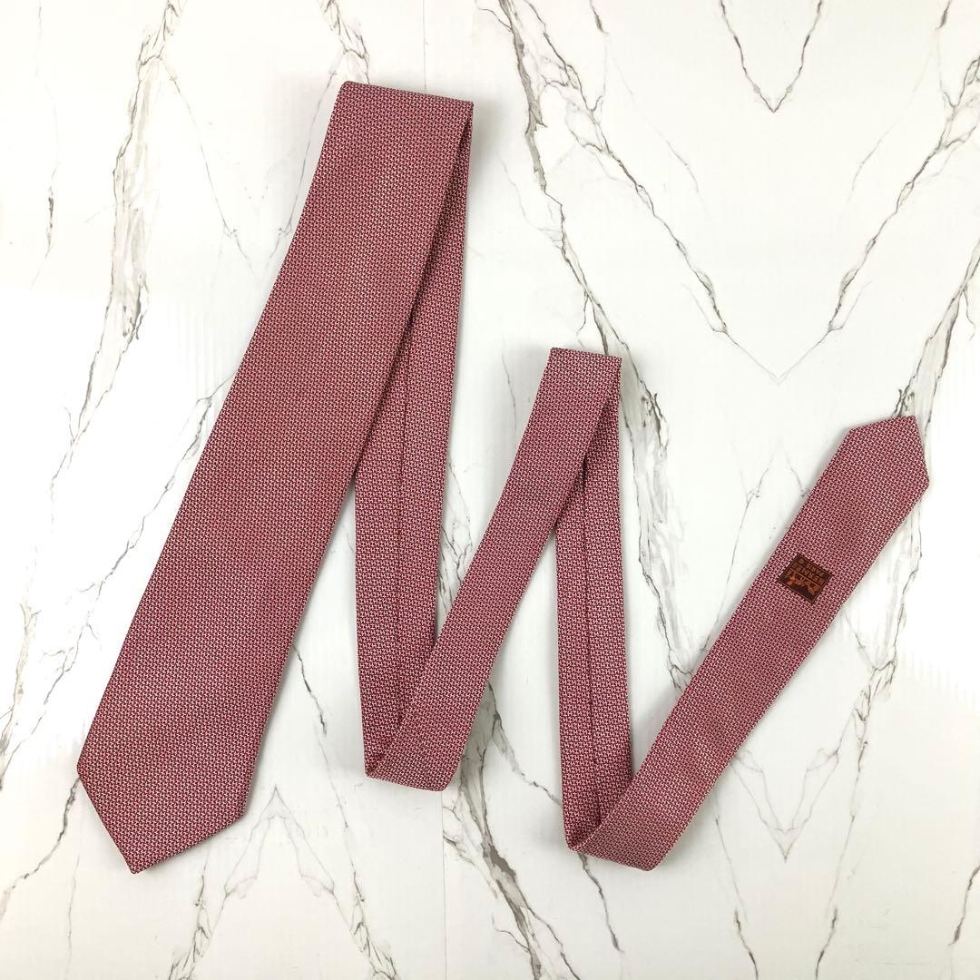 HERMES エルメス　ネクタイ　H柄　H織　ジャガード　光沢　レッド