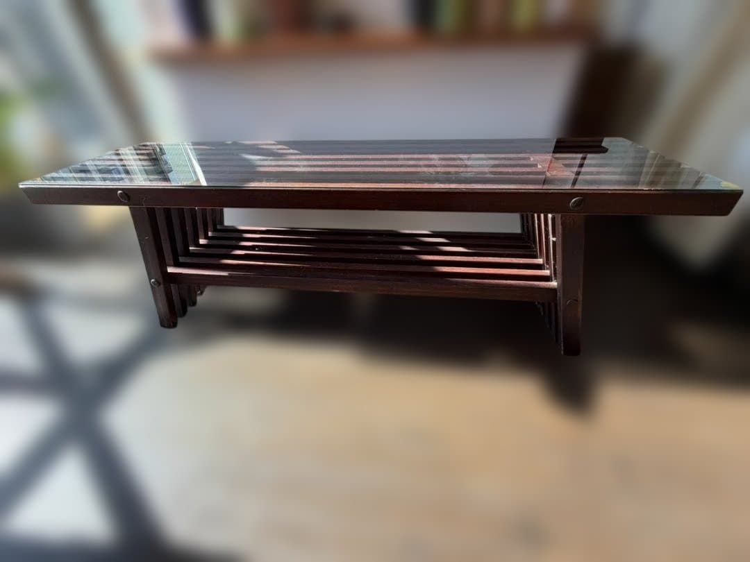 和モダン 木製 ガラステーブル ローテーブル 格子デザイン 古家具 店舗什器