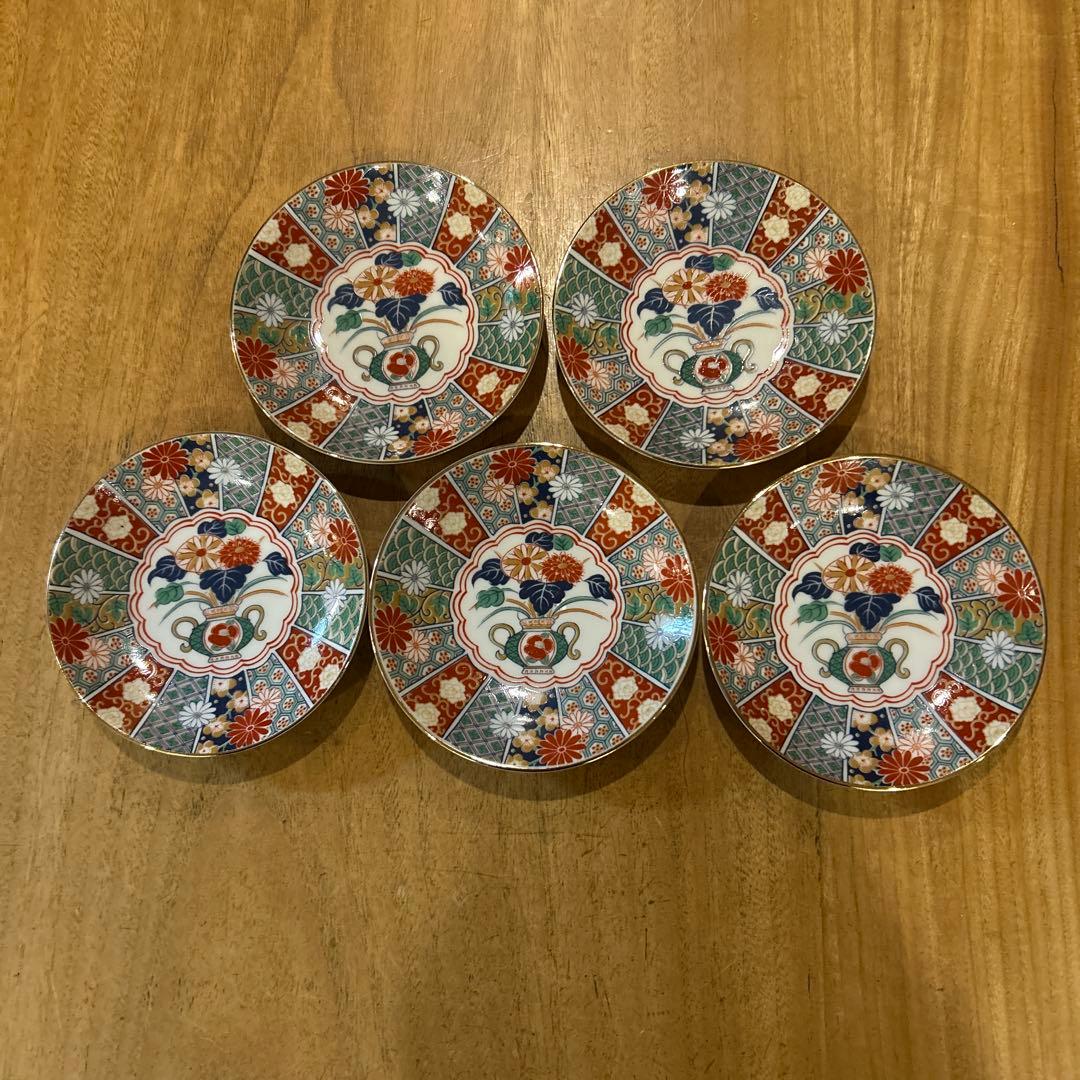 未使用品　有田焼　陶扇　小皿5枚揃え　銘々皿　錦絵　赤絵　金彩